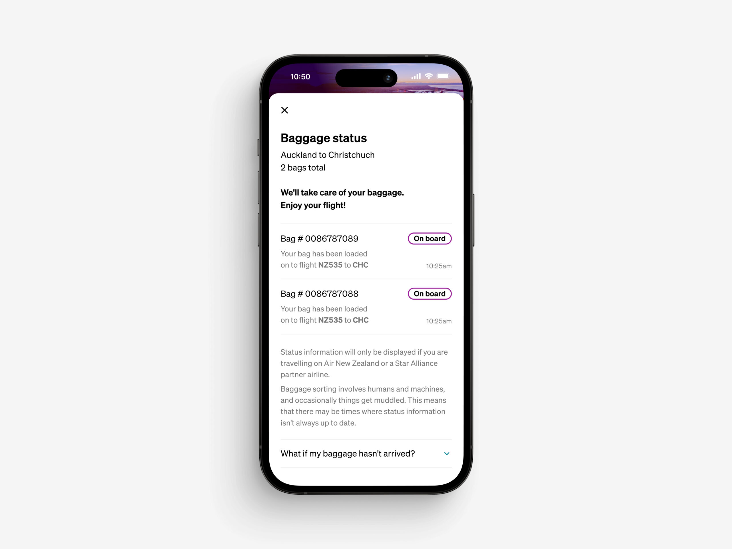 Baggage tracking in Air NZ app en route for customers